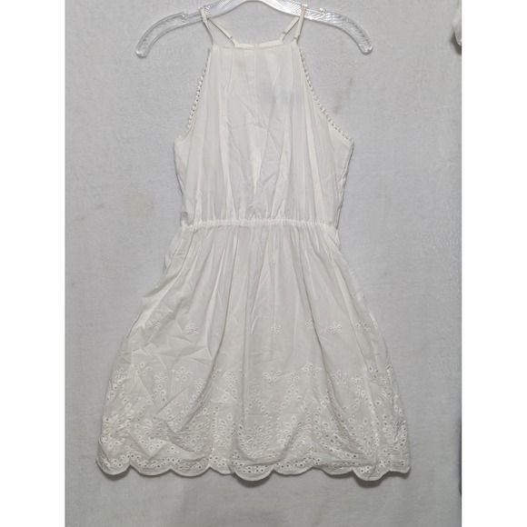 Blue Rain Dresses & Skirts - Blue Rain White Eyelet Mini Dress Womens Small Halter Neck Pom Pom Trim Scallop